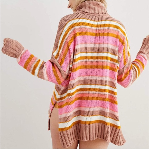Aerie Tan & Pink Striped Turtleneck Sweater NEW - Picture 3 of 12